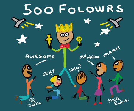 Author surrounded by adoring fans having reached 500 followers