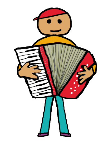 Fun accordion design shows a piano accordion being played by an expert street musician who has mastered the complexities of the squeezebox.