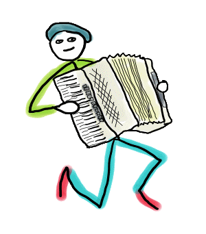 Accordion Playing Stickman is a fun hand drawn image showing an accordion player on one knee playing with some style. The proper name is accordionist and the occasional nickname for the instrument is squeezebox. And he's wearing a beret!