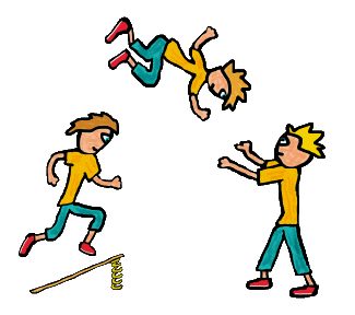Circus acrobats leaping off springboard into the arms of a catcher - three acrobatic tumblers
