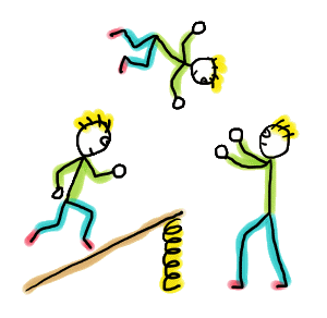 Circus Stickmen Acrobats show their performance skills by running, leaping and somersaulting from a springboard and into the arms of the acrobat catcher.