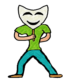 Acting design features an onstage actor behind a drama mask.  A fun graphic for amateur dramatics performers, actors and theatre devotees.