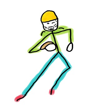 American Football Stickman in full flight with the ball. Wears shoulder pads and headgear in this fun hand-drawn design.