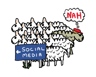 Anti Social Media design shows the sheep flocking to the Big Tech social media networks. 