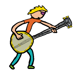 Banjo player wears blue dungarees and plays that instrument