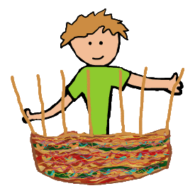 Weaving a wicker basket in basketry depicted by this drawing of a willow weaver with a part completed willow wicker basket in front of them.  For basket weaving fans!