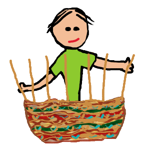 Weaving a wicker basket in basketry depicted by this drawing of a willow weaver with a part completed willow wicker basket in front of them.  For basket weaving fans!