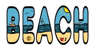 Beach design uses the letters as canvas to contain sand, sea, and sky - with additions including a boat, ball, bucket and spade, whale, windmill, seagulls and sun. A bright fun graphic for beach-lovers!