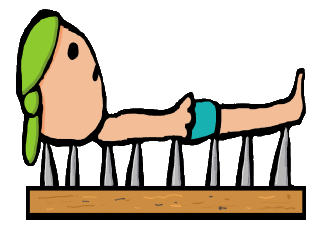 A circus performance artist lays on a bed of nails demonstrating the mystical act of mind over matter.  The nail bed or acupressure mat can also be used for meditation enabling the user to answer questions such as 