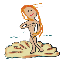 Venus stands in a seashell - a clam with long hair covering her body - Birth of Venus by Sandro Botticelli