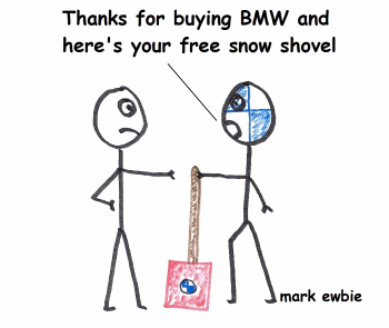 Free snow shovel with every BMW sale - cartoon