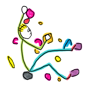 Bouldering Stickman is a fun hand drawn design showing a stickman climber scaling a tricky section of an indoor wall.