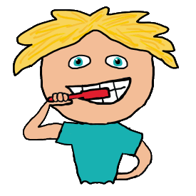 Brushing Teeth design shows a child brushing teeth with red toothbrush and a big toothy grin.  Part of regular after meal before bedtime teeth maintenance - important for good dental care and oral hygiene.  Help get the teeth cleaning message across with this fun graphic and make dentist visits fun.