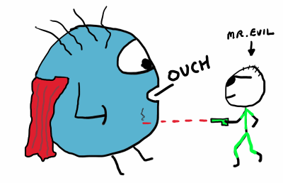 Superhero Bubble Man gets burned by Mr. Evil's deadly laser gun eye