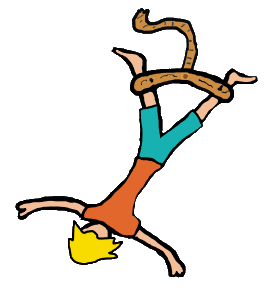 Bungee jumping image shows jumper falling head first wearing harness on legs