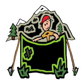 Camping design shows pitched tent and happy camper behind