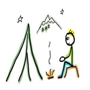 Camping Stickman is a fun hand drawn design showing our stickman camper sat outside the tent gazing into the campfire. In the background is a mountain and stars adding to the outdoor experience.