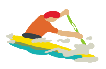 Canoeing design shows a canoe being propelled through fast moving water in a fun drawing. 
