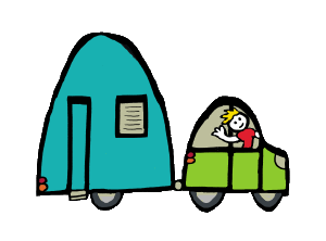 A fun hand drawn Caravan design shows a car plus caravan being driven by a happy stick figure. For caravanning fans.