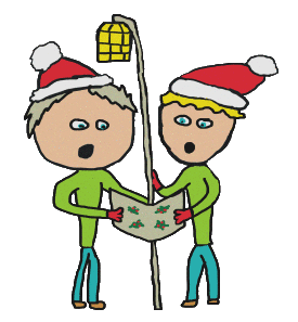 Carol singers with sheet music, lantern and Xmas hats.
