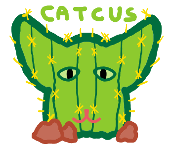 Catcus design shows a cactus in the shape of a cat's face with eyes, mouth and spikes plus the word 