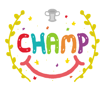 A fun Champ design features the word in colorful lettering with a trophy above, laurel leaves to either side, a big smile and stars. For Champs!