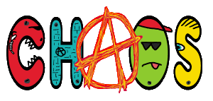 Chaos uses the letters to create a kind of anarchic chaotic ensemble from the snarling agent on the left, the brick wall, the anarchy symbol, a hacked off dude and a shocked 