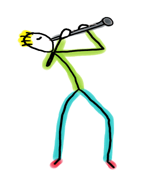 Fun drawing of a clarinet playing stickman with dynamic pose and musical flair. For fans of woodwind instruments, quirky art, and expressive minimalism. The design features a clarinetist in mid-performance with clarinet raised and energy flowing.