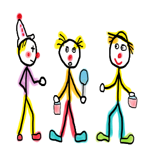 Three hand drawn circus clowns in a fun stickman style design with red noses, funny shoes, buckets of water and a balloon.