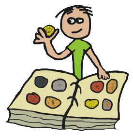 A coin collector or numismatist examines a coin from their collection