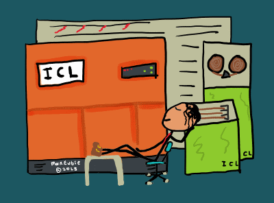 Computer operator asleep in front of old seventies mainframe computer with processor, tape and disk drives 