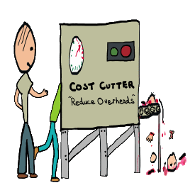 Workers are fed into a mincing machine to reduce costs.  Cost-cutting is destroying the backbone of industry and commerce as jobs are sold off to the cheapest bidder.  Cartoon with black office humour illustrates a drastic solution to cutting down the workforce.