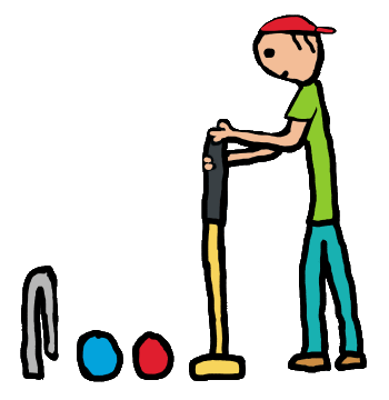 A croquet player stands with mallet lining up a shot in drawing of a croquet game