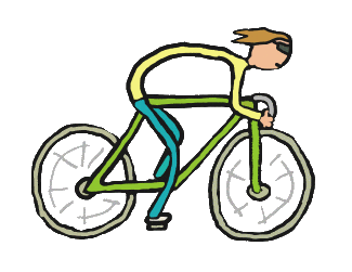 Cycling design shows a cool stick figure cyclist riding a racing bicycle at full speed. Hand drawn cycling graphic for enthusiasts.