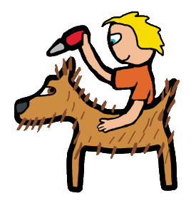 Dog grooming - groomer cuts hair while holding dog