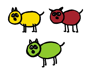 Three stick dogs showing possible leg styles.