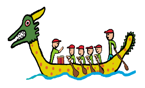 Dragon boat racing with drummer, paddlers and navigator