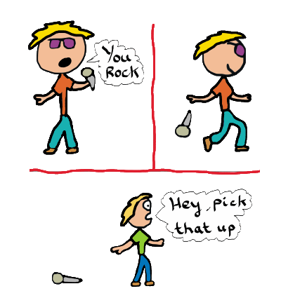 Drop the mic strip shows performer dropping mic and being told to pick it up