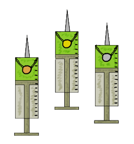 Sporting Drug Cheats shows three syringes in medal positions on the podium.  A cool fun design highlights the possibility of tainted sporting heroes through drug cheating in competitive sport.