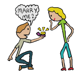 Man on bended knee offers engagement ring to pleased and surprised girlfriend - marry me!