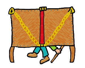 Escapology design features secure locked box with chains, strap and nails. An escapologist finds a way out through a secret trap door.