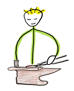 Farrier Stickman is a fun hand-drawn design showing a farrier working on a hot horseshoe on anvil with tongs and a hammer.