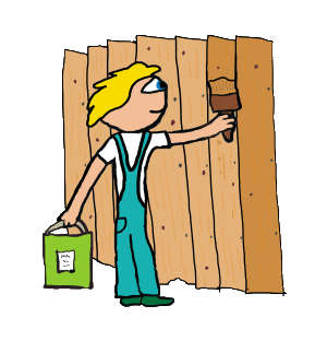 Fence Painting design shows a hand drawn handyman with tin of paint tackling the fence maintenance task.