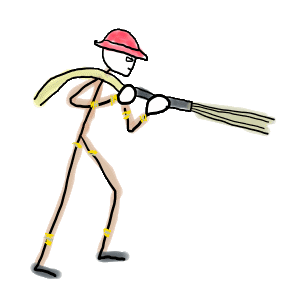 Firefighter Stickman shows our fireman tackling a blaze with hose and water. Wears helmet and safety strips in this fun hand drawn firefighting design.