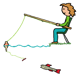 Angling design shows angler hoping to attract a fish with tempting worm on end of fishing line.