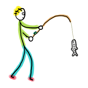 Fishing Stickman is a fun hand drawn design showing a fisherman with rod bending and a fine freshly caught fish.