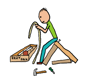 Flat Pack Self-Assembly cartoon drawing shows a puzzled stickman rechecking the instructions, while sitting on a partially assembled item. A humorous nod to the DIY heroes who put this stuff together at home. Other terms are self build and ready to assemble.