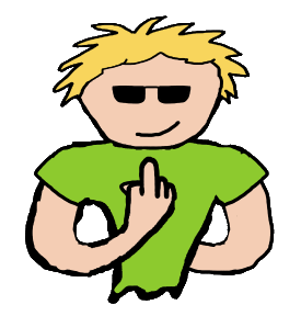 Flip The Bird shows our hero sticking it to the man with smile, shades and middle finger.