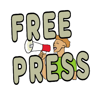 Free Press design shows the words being shouted by a hand drawn journalist with bullhorn - let them speak!