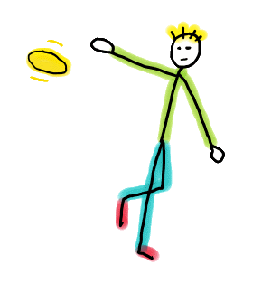 Hand drawn Frisbee Throwing Stickman shows a player releasing the spinning disc on its flight path.  Fun design for players.